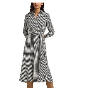 Lauren Ralph Lauren Stripe Print Surplice Collar Neck Long Sleeve Dress